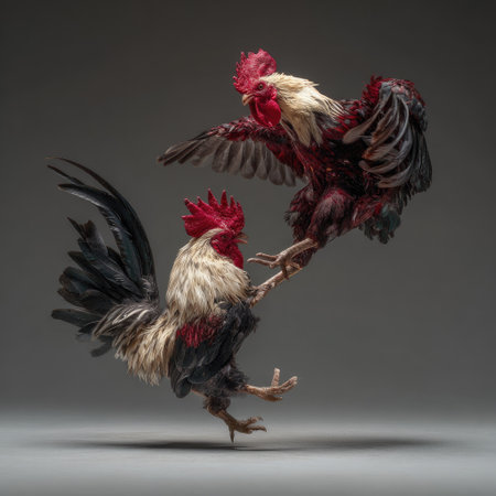 Two roosters are captured mid-action against a simple gray background. Their red combs and wings, along with their detailed plumage, are highlighted by the soft lighting. The composition emphasizes movement and a dynamic pose. The image is suitable for various commercial uses, including advertising and editorial projects.の素材