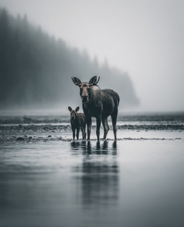 Two moose stand in shallow water with a forest in the background. The scene showcases a grayscale palette, with reflections on the water's surface. The photograph appears to capture a serene moment in a natural environment, suitable for various uses including nature and wildlife illustrations.の素材