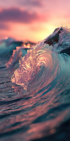 An ocean wave is captured at the moment of its crest, showcasing translucent water and dynamic forms. Soft pink and orange hues illuminate the scene, suggesting a sunset setting. The composition emphasizes the textures and movement of water, offering potential for use in visual content related to nature or travel.の素材