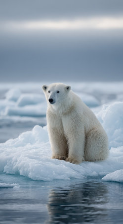 A polar bear sits on a floating ice floe, its white fur contrasting against the blue water and overcast sky. The image showcases a natural environment with various ice formations under diffuse lighting. Suitable for editorial purposes, the photograph presents a scene of wildlife in its habitat.の素材