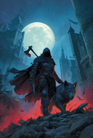 An imposing figure in dark armor stands with a wolf beneath a full moon, surrounded by castle silhouettes. The image features dramatic lighting with a cool color palette dominating the scene. The composition is fantasy-inspired and might be suitable for book covers or editorial illustrations.の素材