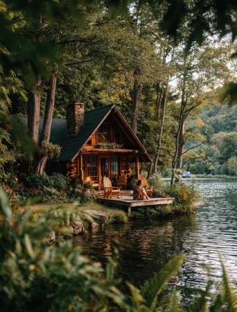 A wooden cabin nestled beside a calm lake is the focal point of this image. The scene is bathed in natural light, showcasing the building's warm wood tones and surrounding greenery. The composition evokes tranquility and could be used for lifestyle, travel or design projects.の素材