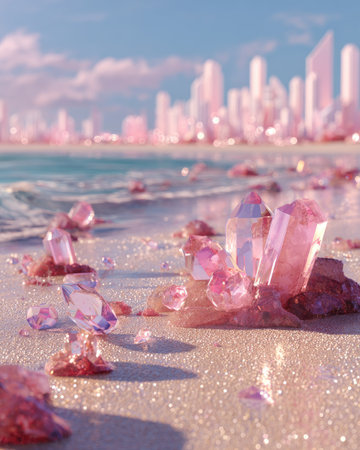 Crystals of varying sizes are on a sandy beach. These crystals are a range of pink hues, with the background showing a city skyline. The composition uses soft lighting and evokes a tranquil environment. This image is suitable for various commercial purposes, including design and editorial applications.の素材