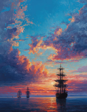 Three sailing vessels navigate a serene ocean under a vibrant, painted sky. The image captures the essence of a sunset, showcasing shades of orange, purple, and blue. This artistic depiction, with its rich texture and dramatic lighting, could be suitable for a variety of editorial and commercial applications.の素材