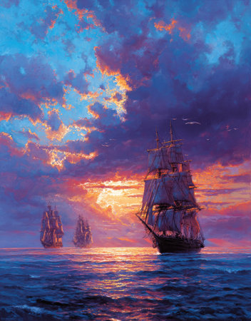 Three ships sail across a calm sea beneath a vibrant sky of blues, purples, and oranges. The painting style features soft textures and a warm light. The composition captures the ships against the backdrop of a setting sun. This image could be suitable for various commercial or artistic purposes.の素材