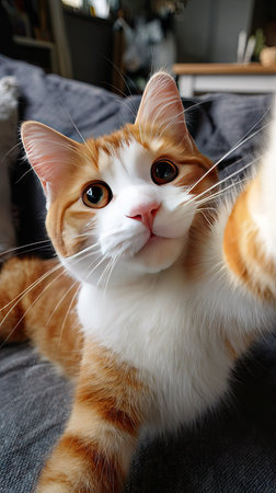 A close-up portrait shows a domestic cat with orange and white fur seemingly taking a selfie. The image features soft focus and warm lighting. It could be used for various purposes, including website design, social media content, and advertising materials.の素材
