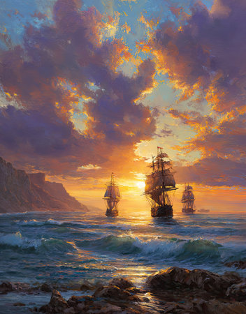 Three sailing ships traverse the ocean under a vibrant sunset sky. The artwork showcases textured brushstrokes, warm colors, and a dynamic composition. The scene likely depicts an outdoor maritime environment with glowing sunlight. Suitable for illustrating travel, adventure, or historical themes.の素材