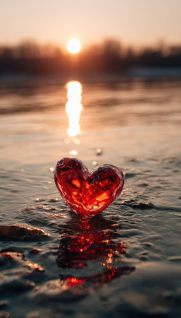 A heart-shaped object sits in shallow water, reflecting the warm glow of the setting sun. The image showcases the interplay of light and shadow, with a focus on textures and reflections. It could be used for various purposes, including promotional content, website design elements, and artistic concepts.の素材