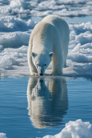 A majestic polar bear stands on the ice, its reflection mirrored in the water. The scene features a white bear, blue water, and ice floes. The lighting appears natural, with a focus on detail. This image is suitable for various commercial uses, including advertising and editorial content.の素材