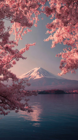 The image captures a scenic vista of a snow-capped mountain reflecting in a tranquil lake. Pink cherry blossoms frame the composition, creating a soft, romantic atmosphere. The scene features delicate textures, with pastel hues and natural lighting, suitable for travel or decorative purposes. The serene environment could be used for editorial or commercial applications.の素材