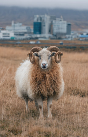 A ram with curved horns stands in a field of dry grass, its light-colored wool contrasting with the muted tones of the landscape. The animal is the focal point, positioned centrally against a backdrop of distant buildings under an overcast sky. This image may be suitable for illustrating agriculture or natural environments.の素材