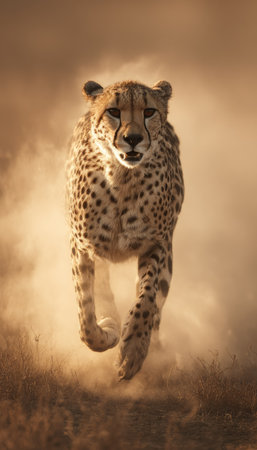 A cheetah is captured mid-run, showcasing its spotted coat and focused gaze. The image features warm, earthy tones with a surrounding cloud of dust, creating a sense of motion and action. The composition suggests an outdoor environment, possibly a savanna setting, suitable for various editorial and commercial applications.の素材