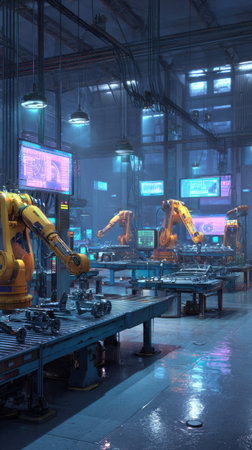 An industrial scene depicts multiple robotic arms actively engaged in tasks within a workshop environment. The composition highlights advanced technology with vibrant colors, and dynamic lighting. The image suggests a production or research facility. Suitable for illustrations on technology, manufacturing or futuristic concepts.の素材