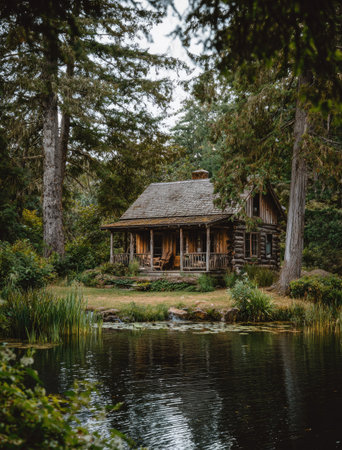 A wooden cabin is situated on the edge of a lake, surrounded by tall trees. The scene displays a tranquil atmosphere with natural light. The composition features a balance of greenery and water, ideal for various editorial and commercial applications. The style has a focus on natural elements.の素材
