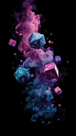 This image showcases several dice floating amid vibrant purple and blue smoke. The composition features a dark background which enhances the colorful interplay of light and shadow on the objects. Suitable for various creative projects, this image is ideal for use in digital art and advertising.の素材