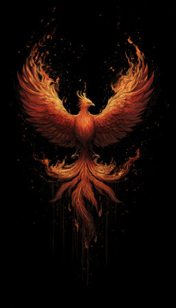 An artistic representation showcases a phoenix engulfed in flames against a stark, black background. The artwork emphasizes the bird's fiery plumage, with shades of orange and red dominating the composition. The style appears painterly, potentially suitable for editorial content or commercial projects, emphasizing themes of renewal and strength. The image could be used for various design purposes.の素材