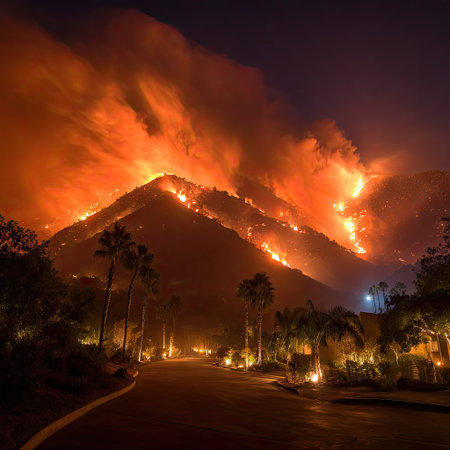 Dramatic night view showcases a mountain engulfed in intense flames, with smoke billowing above. The scene features vibrant orange and red hues against a darkened sky. Illuminated palm trees and a road in the foreground suggest a potential residential setting. Suitable for editorial and commercial applications related to environmental themes.の素材