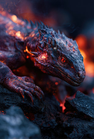 A close-up digital illustration showcases a reptilian creature, likely a dragon or lizard. The artwork features a dark color palette with contrasting fiery orange and red highlights, suggesting heat and energy. Textural details, like scales and rough surfaces, are visible. The image may be suitable for fantasy art, book covers, or concept design purposes.の素材