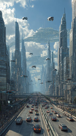 A digital illustration showcases a futuristic city with towering skyscrapers and aerial vehicles. The scene features a highway filled with cars leading toward a distant point. The composition utilizes a vertical perspective under a bright sky, suggesting a day setting. This image could be suitable for various commercial and editorial applications.の素材