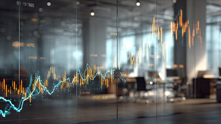 An image showcases financial data visualized on a glass surface within a modern office setting. The composition features vibrant orange and blue lines representing fluctuating data patterns. The overall style suggests a corporate environment with soft lighting, hinting at potential uses in business presentations or economic analysis materials.の素材