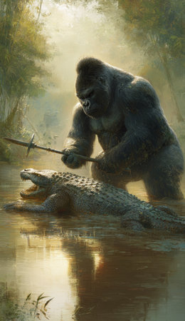 A gorilla is depicted confronting a crocodile in a body of water within a lush, green environment. The illustration utilizes a soft color palette and detailed textures. The composition focuses on a moment of conflict, suggesting themes of survival and struggle. It may be suitable for editorial and illustrative applications.の素材