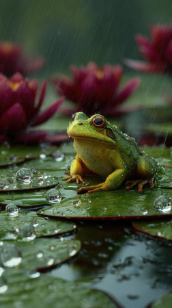 A vibrant green frog rests atop a water lily pad, surrounded by others and visible water droplets. The image showcases a natural outdoor setting, with soft focus on the backdrop. Its composition may suit uses in advertising, educational material, or nature-themed projects.の素材