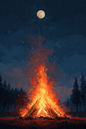 An illuminated campfire dominates the foreground, with flames reaching towards the night sky. The full moon shines brightly above, and dark silhouettes of trees surround the fire. The composition features vibrant orange and yellow hues contrasting with the dark blues, suggesting a peaceful, outdoor scene suitable for various commercial or editorial applications.の素材