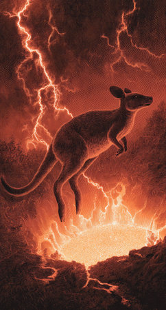 An illustration depicts a kangaroo mid-jump against a backdrop of intense red and orange hues. The scene features prominent lightning strikes illuminating the animal and its surroundings, suggesting a dynamic, almost surreal environment. This artwork is suitable for editorial and commercial uses, providing visual impact.の素材
