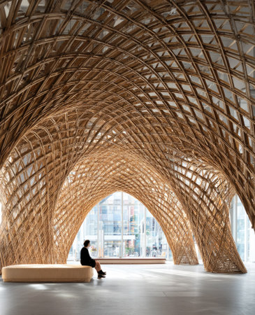 An interior shot showcases a complex wooden structure featuring curved arches and interwoven elements. The composition presents a symmetrical perspective with diffused daylight. The style leans towards modern design and features a person seated on a bench. Suitable for various design, architectural, and creative applications.の素材