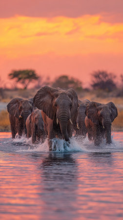 A herd of elephants traverses a body of water during sunset. The image displays the animals in silhouette against a vibrant orange and pink sky. The composition emphasizes the creatures' size and collective movement. This photo may be suitable for illustrative use or editorial content.の素材