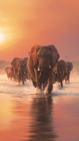 A group of elephants are captured wading through water during the golden hour. The image displays a warm color palette with soft textures and silhouettes, creating a sense of tranquility. The scene is illuminated by the setting sun, possibly in an outdoor environment. Suitable for editorial and commercial use.の素材