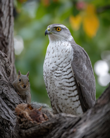 An image captures a hawk and a squirrel in a tree. The hawk, with detailed feather patterns, sits perched with the squirrel. The composition features a natural outdoor setting, with soft lighting and a blurred background. Suitable for illustrative or educational content, and adaptable for various commercial applications.の素材