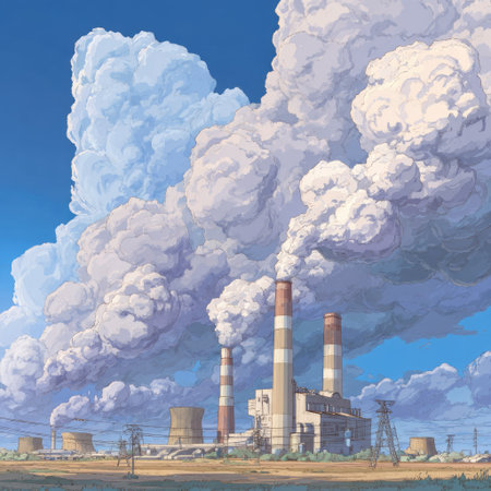 An illustration depicts an industrial facility emitting large clouds of smoke. The scene features multiple smoke stacks, a complex, and vapor against a clear, blue sky. The composition utilizes a bright color palette with detailed textures and suggests a potential editorial or commercial application.の素材