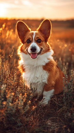 A Pembroke Welsh Corgi is the subject, sitting amidst tall grass and foliage. The dog displays a cheerful expression, highlighted by warm sunlight. The image features a shallow depth of field, with soft focus on the background. This photograph is appropriate for various commercial applications, including advertising and editorial uses.の素材