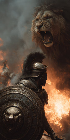 A lion roars above a warrior, set in a dynamic battle scene. The composition features a warrior in armor, holding a shield. The color palette includes warm oranges and browns, conveying a sense of fire and conflict. This visual concept could be suitable for illustrations, historical projects, or editorial content.の素材