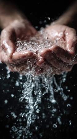 Close-up shot shows hands cupped together, catching and releasing clear water. The composition highlights the water's texture and movement against a dark backdrop. The image utilizes dramatic lighting. Suitable for illustrating themes of purity, cleansing, or environmental concerns. Could be used in various commercial or editorial applications.の素材