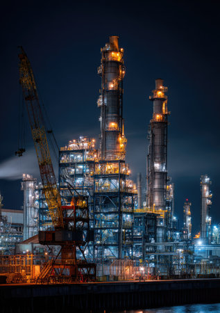 An industrial complex is shown at night with towers and buildings illuminated by various lights. The image showcases a complex structure with a dark background. The scene suggests a manufacturing or production environment. The image is suitable for various commercial or editorial applications.の素材