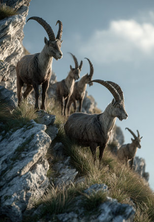 Several mountain goats are captured on a rocky hillside. Their brown coats and curved horns are showcased under soft sunlight. The composition focuses on the goats against a backdrop of a cloudy sky. This image may be suitable for various uses, including editorial and commercial projects.の素材