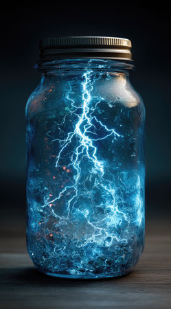 An image displays a glass jar containing a vibrant blue lightning bolt. The composition shows the jar centered against a blurred background. The style is digital, utilizing vivid colors and light effects. This image could be used for various commercial purposes, including science or energy-related publications.の素材