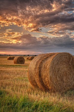 Large hay bales sit in a field with golden grasses under a sunset sky filled with clouds. The warm sunlight casts a rich color on the scene, with shades of orange and yellow dominant. The agricultural setting evokes a feeling of rural life, suitable for commercial projects and visual storytelling.の素材