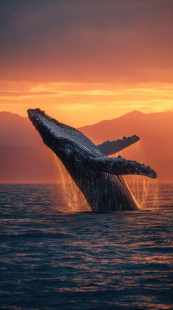 A humpback whale leaps from the ocean in this eye-level shot against a warm sunset. The image displays the whale's textured skin, water splashes, and the golden hues of the setting sun. Suitable for nature documentaries, educational resources, and environmental conservation materials.の素材