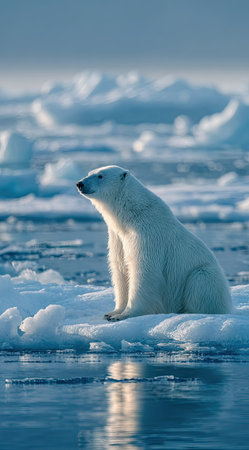 A solitary polar bear sits atop an ice floe amidst a vast expanse of icy water and snow. The image showcases the bear's white fur against the cool blues and whites of its environment. This high-angle shot provides clear visibility suitable for environmental, wildlife, or educational content.の素材