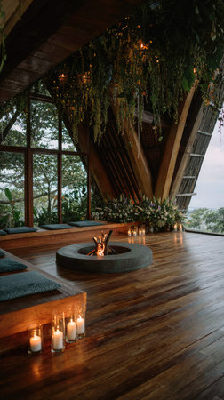 An interior space features a central fireplace and surrounding candles. Wooden floors and large windows provide natural light. The style blends modern design with natural elements. This image could be suitable for lifestyle magazines, interior design projects, and promotional materials for wellness.の素材