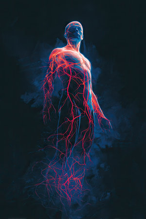 A digital render depicts a human form with vibrant red veins overlaid on a blue-toned body. The image uses dramatic lighting and a dark backdrop, creating an artistic glow. Suitable for medical illustrations, educational materials, or conceptual projects. The composition emphasizes the body's internal systems in a visual way.の素材