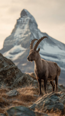 A mountain goat stands on rocky terrain, its impressive horns visible. The background showcases a large, snow-covered mountain. The image features natural colors and soft lighting, creating a serene and wild atmosphere. Suitable for nature-themed projects, travel articles, and wildlife publications.の素材