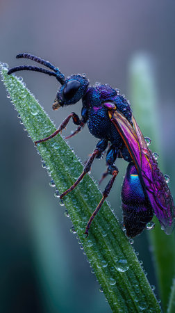 An insect with iridescent purple and blue coloration rests on a green blade of grass. The macro shot highlights the insect's texture and detail, and droplets of water are visible. The image uses natural lighting, suggesting an outdoor environment, suitable for various editorial and commercial projects.の素材