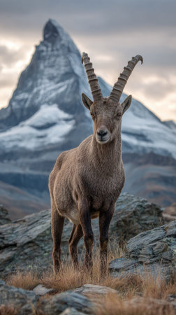 A mountain goat stands proudly in a natural environment before a majestic, snow-covered mountain. The image features natural colors with a focus on texture and detail. Composition shows the goat and mountain at eye level in the background. It could be useful for travel publications, educational resources, or outdoor-themed commercial projects.の素材