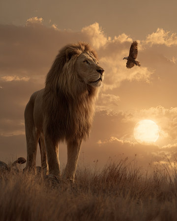 A regal lion stands tall in a warm, golden landscape, gazing at an eagle in flight. The image features a low-angle perspective, with soft lighting and a blurred background. This scene evokes a sense of tranquility and power, making it suitable for editorial and commercial use.の素材