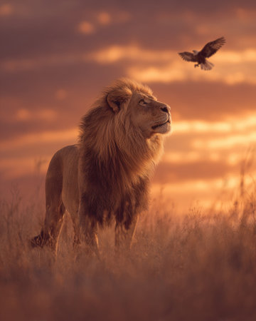 A magnificent lion stands proudly, its gaze directed upwards towards a soaring eagle. The image showcases warm hues, with a textured foreground and a vivid sunset sky. The dramatic lighting and composition may be suitable for advertising campaigns or artistic projects, evoking a sense of wildness and freedom.の素材