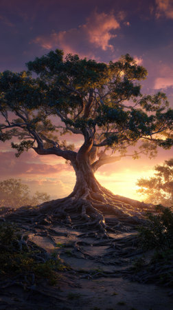 A large tree dominates the scene, its branches reaching into a colorful sky. The composition emphasizes the tree's form and texture with an overhead angle. Warm hues of orange and purple create a dramatic background. The image could be suitable for various commercial and artistic applications.の素材